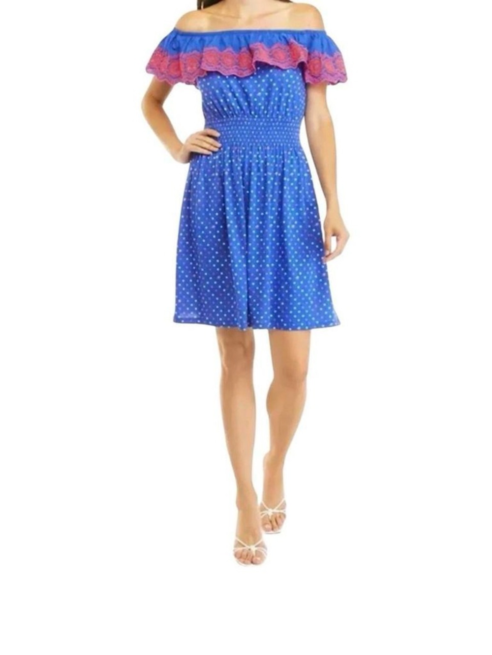 Lilly Pulitzer Kalama Off Shoulder Ruffle Smocked Dress L Blue Squared, Med NWT